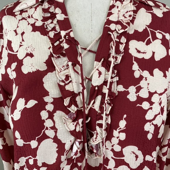 Alexis Womens Blouse Top S Red Floral Lace Up Boho Rayon Viscose Neiman Marcus - Picture 2 of 10